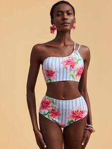 Travachic Conjunto de traje de baño con estampado floral y de rayas para mujer, ideal para vacaciones y playa - Multicolor - Ver 5