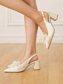 CUCCOO HITCHD Women Shoes Spring. New Pointed Thick Heel High Heel Romantic Elegant White Satin With Pearl Mesh Flower Women's High Heel Shoes Dress Shoes Bridal Shoes Wine Season Sign For Valentine's Day Elegant Versatile - White - View 6