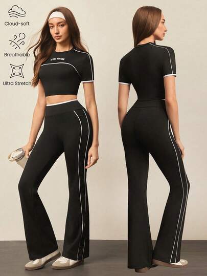 With My Calm 女士字母印花圆领短袖上衣和喇叭裤休闲运动套装