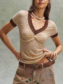 Bohemela 女士夏季Y2K海滩度假休闲波西米亚音乐节弹力蕾丝撞色修身背心，西部风格，夏季上衣，女士夏季服装，自由休闲风格，时尚女装，沙滩装，夏季度假装 - 卡其色 - 查看 2