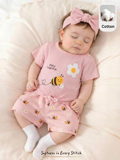 Cozy Pixies Newborn Baby Girl Floral Print Knit Soft Crew Neck Short Sleeve Top And Elastic Waist Shorts 2-Piece Set
