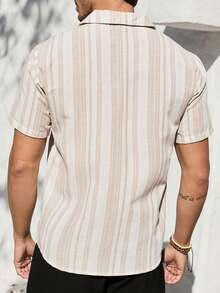 VIVINTIMO 男士夏季条纹短袖纽扣休闲衬衫 - 卡其色 - 查看 2