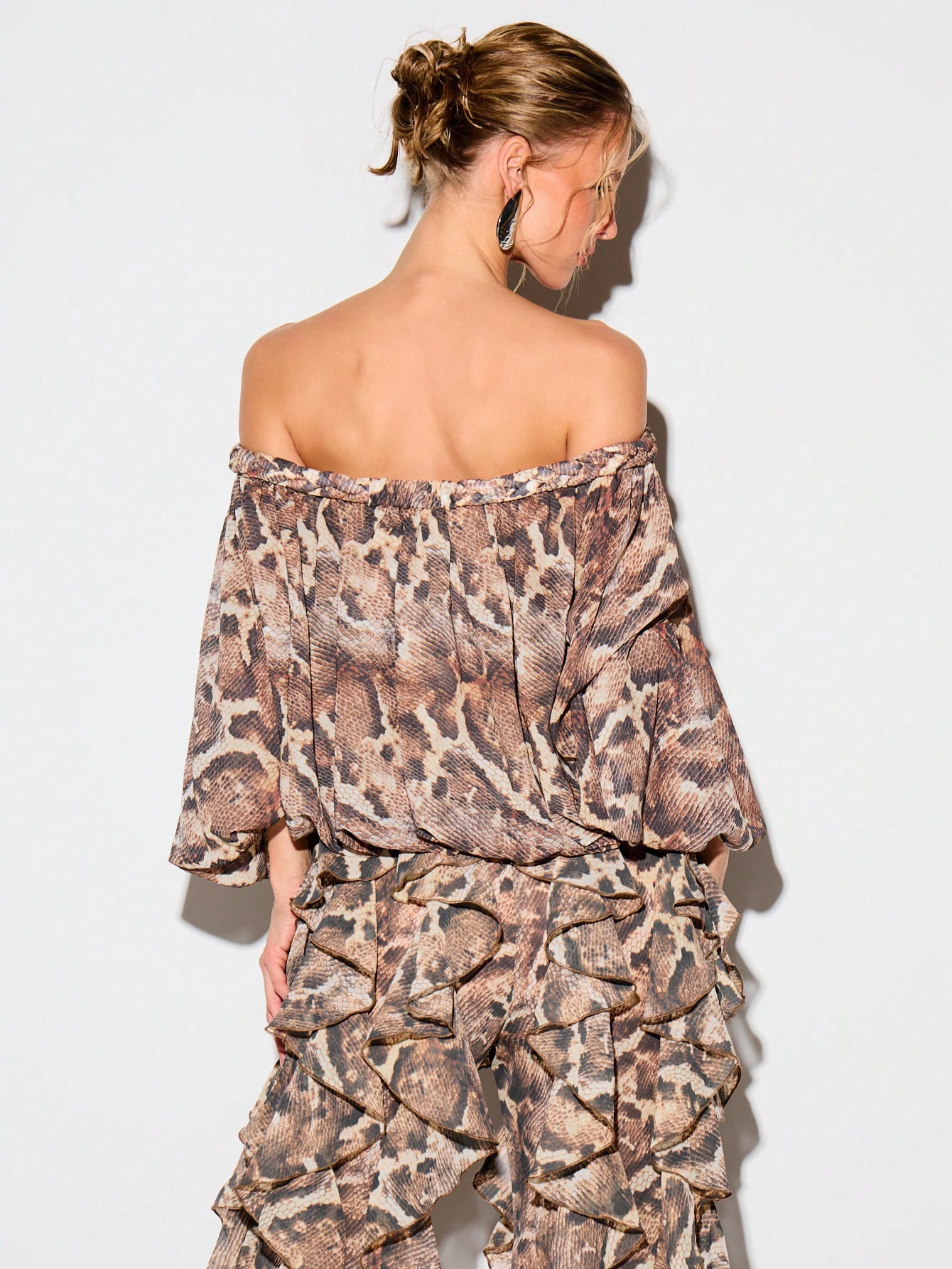 KIZN Snake Print Chiffon Off Shoulder Ruffle Blouse