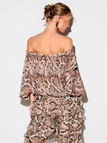 KIZN Women's Snake Print Chiffon Off Shoulder Long Sleeve Ruffled Blouse With Voluminous Sleeves And Tiered Ruffle Details For Fall Winter Party Evening - Brown - View 2