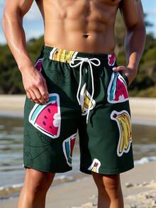 Manfinity Swimmode 男士抽绳腰带口袋水果印花休闲沙滩短裤 - 綠色 - 查看 5