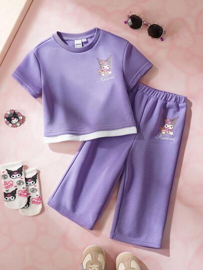 HELLO KITTY AND FRIENDS | SHEIN 女婴卡通印花短袖T恤和裤子套装