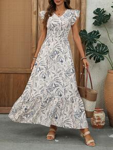 EMERY ROSE Women's Shirred Ruffle Sleeve Pleated A-Line Maxi White And Blue Floral,Summer,Boho,Vacation,Holiday Dress,Spring Beach Wear Outfits - Multicolor - View 3