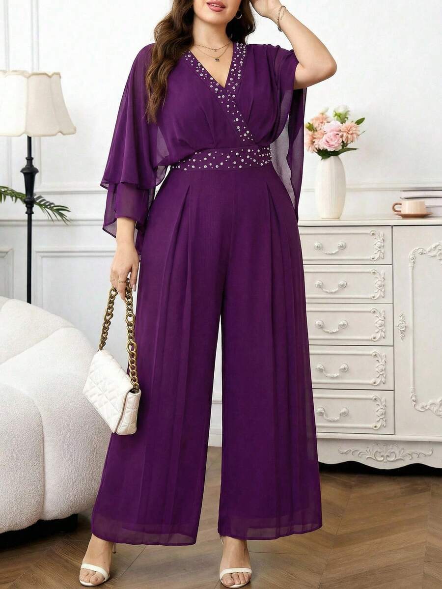 Reflora Bộ áo liền quần bằng vải chiffon thanh lịch dành cho nữ cỡ lớn, thích hợp cho các bữa tiệc, mùa thu/đông/xuân.