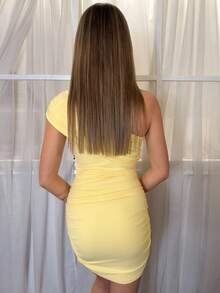 Aless PB Women's Solid Color Ruched Bodycon Mini Slip Yellow Dress, Summer,Club Outfits Women Sexy - Yellow - View 3