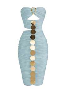 Zyxie 女士纯色金属装饰镂空褶皱修身休闲时尚连衣裙 - 淺藍色 - 查看 7