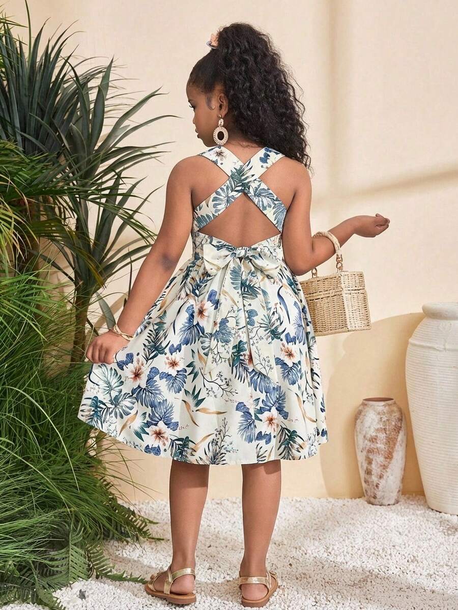 Travachic KIDS 少女夏季度假休闲碎花蝴蝶结系带露背连衣裙 - 綠色 - 查看 1