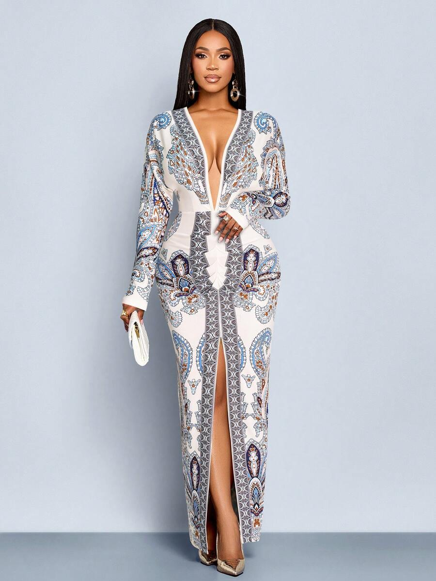 SOLERSUN Trang phục nữ cho mọi mùa: Thanh lịch và giản dị, Nền màu mơ in họa tiết xanh trắng, Vải dệt kim co giãn, Cổ chữ V sâu, Tay cánh dơi, Tay dài, Nếp xếp ở hông, Xẻ tà phía trước, Váy dài. - Màu be - Xem 1