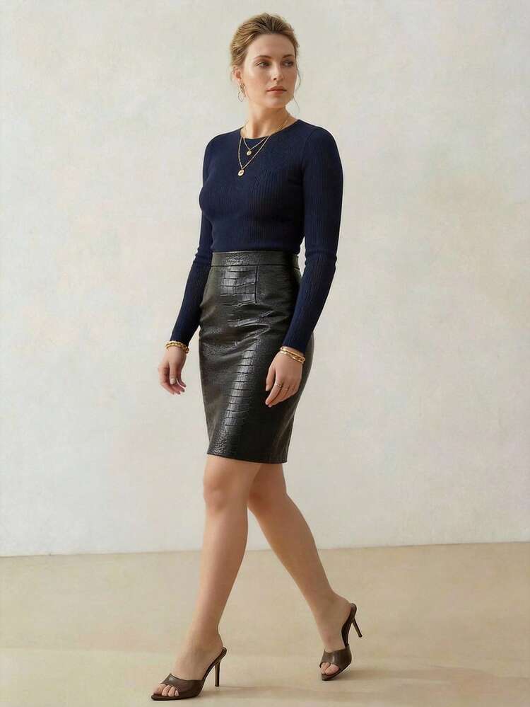 PLUS SIZE WOMEN ELEGANT CROCODILE TEXTURE PU SKIRT