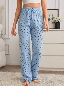 SHEIN 棉质罗纹针织多色撞色爱心图案带假抽绳长裤家居服舒适休闲女式两件套睡裤套装，夏季适用 - 彩色 - 查看 5