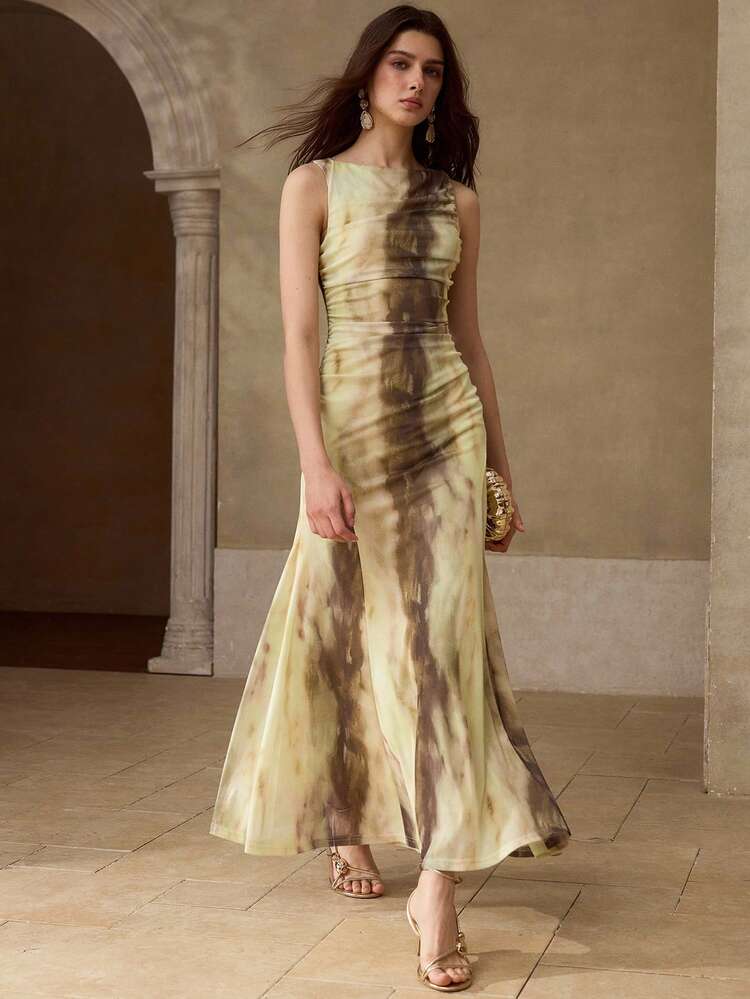 SUMMER SHEER WATERCOLOR TIE DYE 3D PLEATED GRACEFUL SILHOUETTE BOAT NECK SLEEVELESS FITTED MERMAID DRESS FOR WOMEN