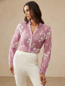 Aveloria Rosie Minimalist Elegant Versatile Daily Commute Refined Texture Laser Embroidery Fabric Small Stand Collar Short Waist Long Sleeve Blouse For Women - Pink - View 4