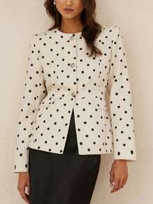 Aveloria Rosie French Elegant Lady Commuting Versatile Polka Dot Rhinestone Button Cinched Waist Long Sleeve Fitted Women Blazer - Beige - View 4