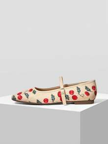 PREMIUM 复古乡村度假风通勤樱桃图案编织可调节搭扣平底鞋 - 米色 - 查看 7