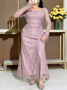 Feyla Plus Size Elegant Solid Color Lace Dress Vestidos Elegantes Para Fiesta - Pink - View 4