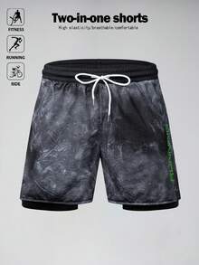 Acti Log 男士扎染印花抽绳腰双层运动短裤 - 灰色 - 查看 6