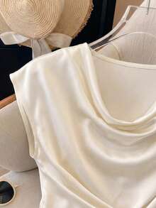 Franclia 女士优雅纯色垂褶领交叉裹身T恤，夏季 - 杏色 - 查看 3