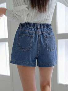 Teen Girl Summer Boho Casual High Waist Solid Washed Pleated Baggy Wide Leg Denim Shorts,Suitable For Travel And Gathering, Spring/Summer Preppy Aesthetic Denim,Summer Pleated,Casuals, Holiday,Summer Holiday,Spring,Valentines Day,Casual - Medium Wash - View 2