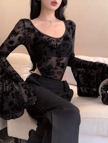 DAZY Women's Elegant Floral Print Flare Sleeve Jumpsuit, Spring/Summer - Black - View 8