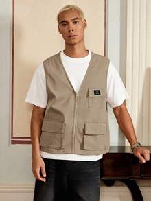 SWAVVY 男士休闲百搭拉链口袋背心，适合日常穿着 - 駝色 - 查看 5