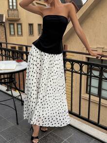 Livesso 春夏黑色波点印花无袖露脐上衣和A字裙两件套，优雅百搭，适合约会、婚礼、休闲、海滩、通勤等场合。 - 黑色 - 查看 2