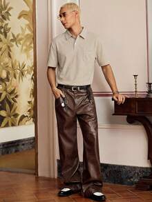 SWAVVY Camisa polo de hombre con ajuste holgado, gráfico de letras y pespunte de contraste - Albaricoque - Ver 5