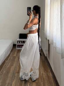 Muchica Quần ống rộng màu trơn dành cho nữ, có bèo nhún, dây rút ở eo và ren tương phản. - trắng - Xem 2