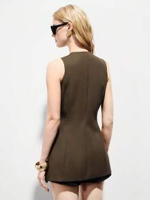 Aveloria Modichic Women's Blazer Woven Fabric Slim Longline Fit V-Neck Metal Embossed Button Sleeveless Design Minimalist Modern Office Going Out Tops Spring Outfit Women - Coffee Brown - View 3