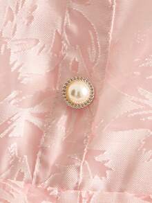 SHEIN 1件少女优雅梭织欧根纱刺绣领奢华珍珠纽扣装饰褶裥下摆短袖连衣裙，适合日常休闲、派对、宴会等场合。 - 粉色 - 查看 6