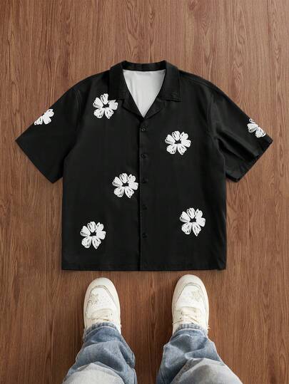 EASEVO Plus Size Men's Floral Print Short Sleeve Single-Breasted Shirt Stretchy And Comfortable Stretchy And Breathable Skin-Friendly And Wrinkle-Resistant Smooth And Structured