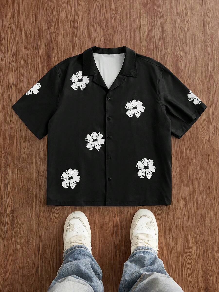 EASEVO Áo sơ mi nam cỡ lớn in hoa, tay ngắn, cài một hàng khuy. - màu đen - Xem 1