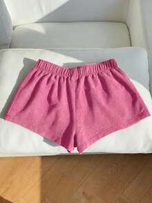Comfortcana Rose Red Vintage Washed Knit Women's Wide Leg Casual Shorts - Hot Pink - View 2