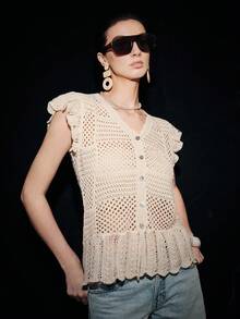 SHEIN Luminelle 女士法式V领无袖叠层提花网眼针织开衫 - 杏色 - 查看 5