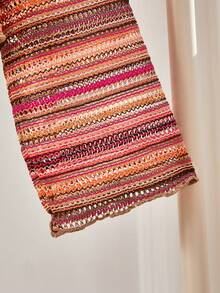 SHEIN 2件套少女针织镂空条纹里衬不对称肩长袖T恤和短裤套装，休闲，双层缝制不透明，适合春夏日常穿着 - 彩色 - 查看 4