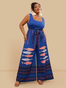 Travachic 大码休闲鱼纹无袖连体裤 - 藏蓝色 - 查看 6