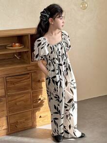 DAZY Tween Girl Vacation Plant Print Jumpsuit With Puff Sleeves, Loose Fit - Multicolor - View 4