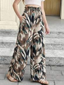 Tween Girls' Loose Casual Ruffle Hem Leaf Print High Waist Wide Leg Pants Girl Wide Leg Pant Patterned Pants Loose Pants Summer Pants Casual Loose Pants Boho Pants Palm Leaf Print Pants Flowy Pants - Khaki - View 1