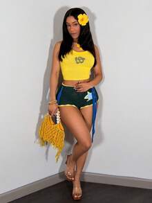 Slaydiva 早春新款，春夏音乐节，情人节，复活节休闲简约基础款Y2K街头甜美畅销款，日常约会，辣妹风，性感运动风，休闲度假圆领无袖LA英式羊毛上衣，黄色背心+超短裤，迷你裤，流苏装饰，星形钩针图案，深绿色短裤，女士毛衣套装 -A - 彩色 - 查看 9