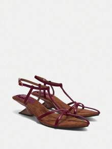 2025 法国皮革尖头坡跟时尚简约系带凉鞋，适合女士，鞋头空间约 3.2 厘米 - 3.6 厘米 - 紅色 - 查看 11