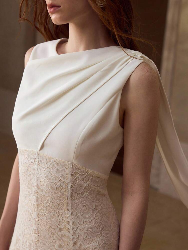 CONTRAST LACE DRAPED SHOULDER SLEEVELESS WAIST CINCHED DRESS