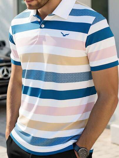 Manfinity Mode Camisa polo con cuello vuelto y estampado de rayas para hombres, adecuada para usar en casa, salidas, fiestas y vacaciones