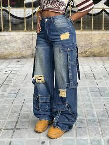 Slaydiva 女士高腰宽松工装口袋破洞阔腿牛仔裤 - 藍色 - 查看 3