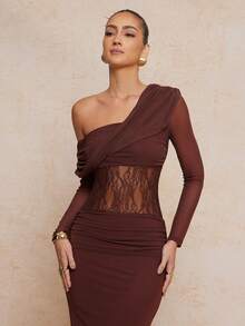 女士优雅蕾丝拼接露肩收腰长款派对连衣裙 - 咖啡 - 查看 7