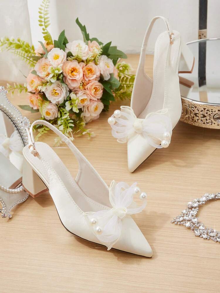 CUCCOO HITCHD Women Shoes Spring. New Pointed Thick Heel High Heel Romantic Elegant Apricot Satin With Faux Pearl Mesh Flower Women's High Heel Shoes Dress Shoes Bridal Shoes Wine Ceremony Season Sign For Valentine's Day Elegant Versatile Wedding Shoes Spring Shoes Bride Shoes