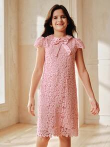 Anewsta Girls' Pink Butterfly Lace Short Sleeve Summer Dress, Spring/Summer - Baby Pink - View 3