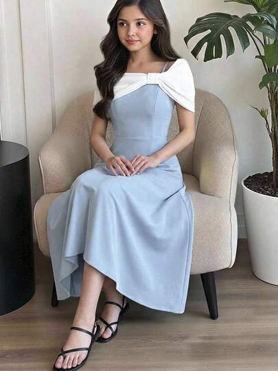 SHEIN Tween Girl Elegant One-Shoulder Big Bow Decor Contrast Color Splice Ruffle Hem Dress, Party Gown